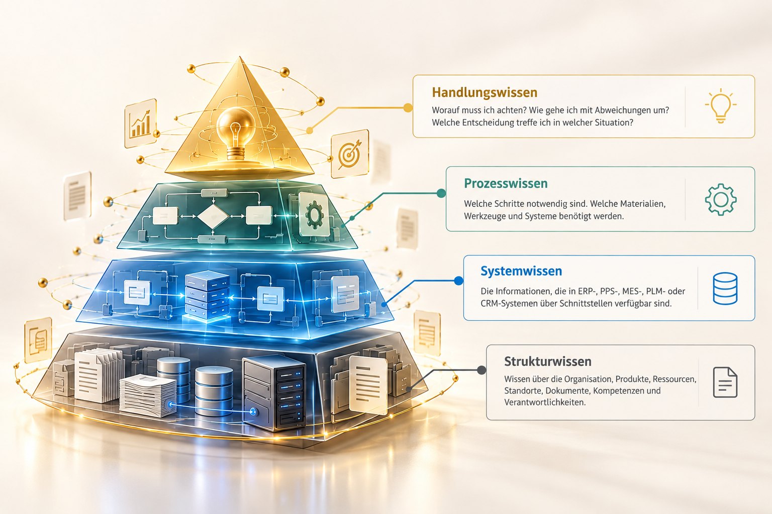 Pyramide aus vier Wissensebenen: unten Strukturwissen, darüber Systemwissen, Prozesswissen und an der Spitze Handlungswissen.