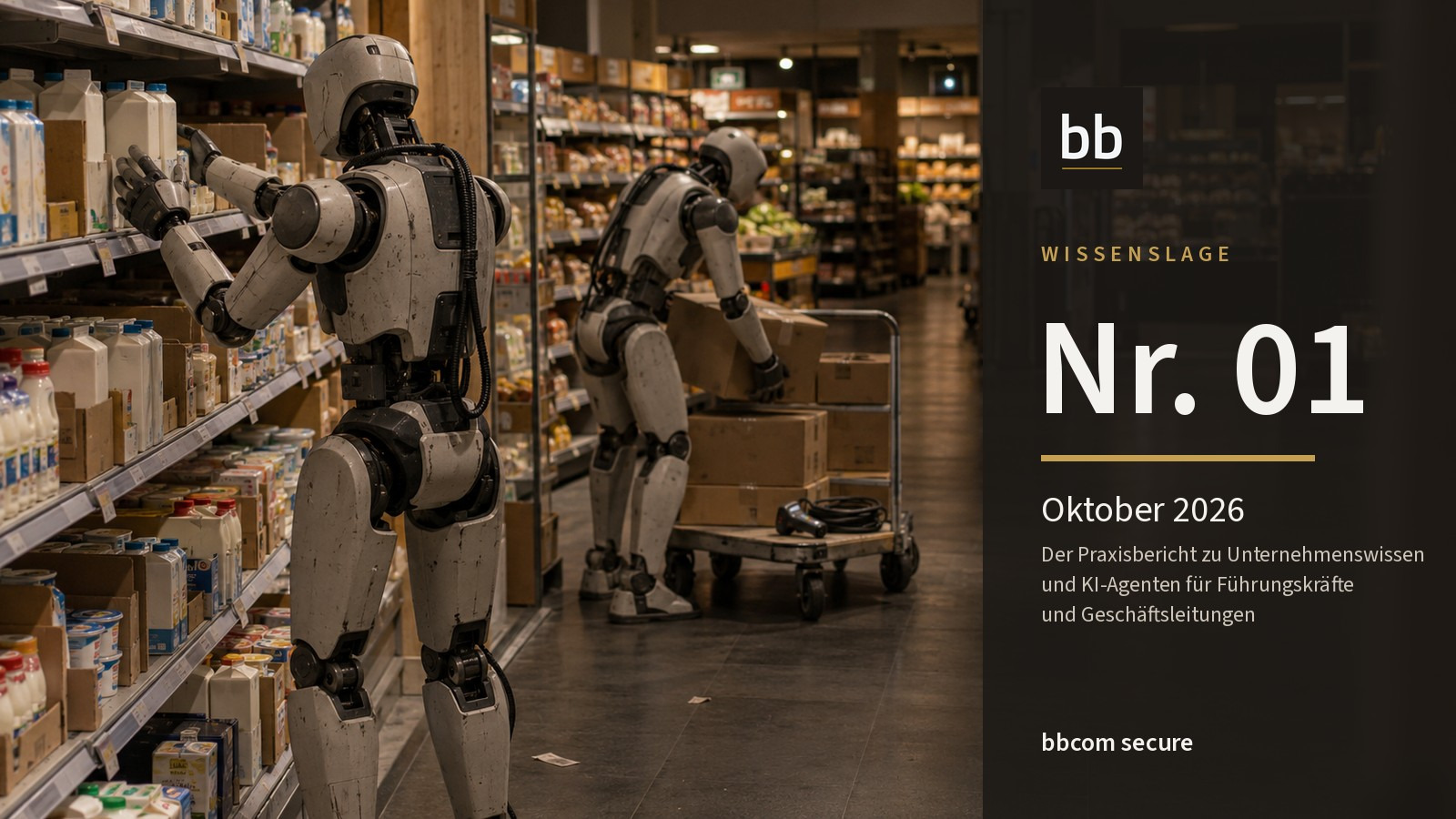 Wissenslage Nr. 01, Oktober 2026: Zwei humanoide Roboter räumen nachts Regale in einem Supermarkt ein